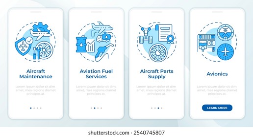 Diferentes servicios de aviación azul incorporando la pantalla del App móvil. Instrucciones gráficas editables de 4 pasos con conceptos lineales. PLANTILLA UI, UX, GUI