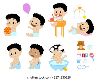 different baby boy poses and accesories