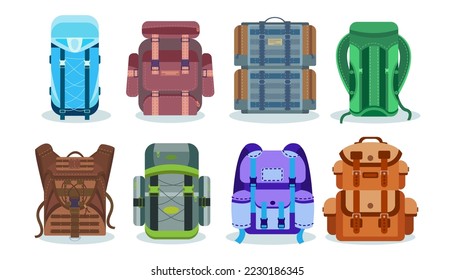 Different backpacks for camping vector illustrations set. Collection of cartoon drawings of bags for hiking or vacation isolated on white background. Accessory, traveling, journey, recreation concept
