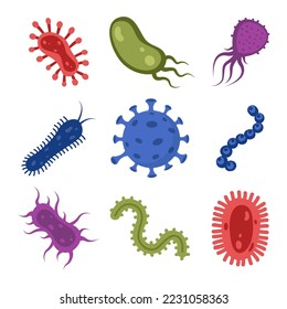 Different bacteria, pathogenic microorganisms, set. Bacteria and germs, microorganisms disease-causing, bacteria, bacteria, viruses, fungi protozoa probiotic Vector illustration