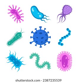 Different bacteria, pathogenic microorganisms, set. Bacteria and germs, microorganisms disease-causing, bacteria, bacteria, viruses, fungi protozoa probiotic Vector illustration