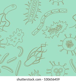 Different bacteria types seamless pattern on green background. Stock vector illustration in cartoon style