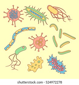 Different bacteria types set in bright colors. Stock vector illustration in funny cartoon style