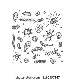 Different bacterias cells coloring page. Microorganism collection isolated on white background. Vector doodle style composition.