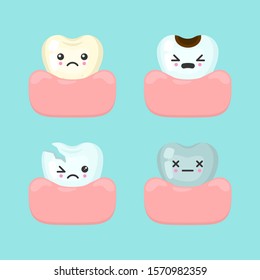 Different bad teeth - dirty, caries, broken, dead, dental stomatology vector concept. Cute cartoon vector teeth isolated illustration