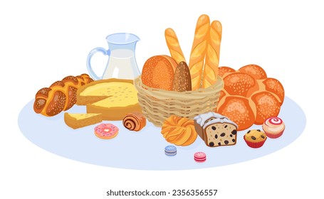 Different baked desserts and bread vector illustration. Cartoon drawing of fresh pastry, pies, baguettes, muffins, cupcakes, macarons, jug of milk. Bakery, confectionary, desserts, food concept