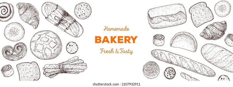 Different baked goods. Hand drawn vector illustration. Bakery sketch. Background template for design. Engraved food image. Hand drawn sketch with bread, pastry, sweet.