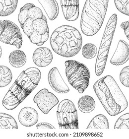 Different baked goods seamless pattern. Hand drawn vector illustration. Bakery sketch. Background template for design. Engraved food image. Hand drawn sketch with bread, pastry, sweet.