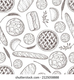 Different baked goods seamless pattern. Hand drawn vector illustration. Bakery sketch. Background template for design. Engraved food image. Hand drawn sketch with bread, pastry, sweet.