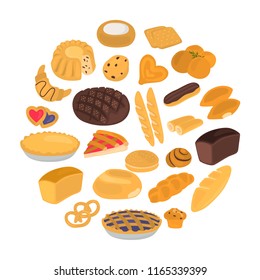 Different baked products color vector icons set. Flat design