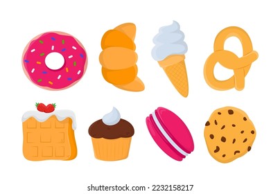 Different baked sweet treats vector illustrations set. Collection of drawings of doughnut, croissant, pretzel, cupcake, cookie on white background. Food, desserts, confectionary, bakery concept