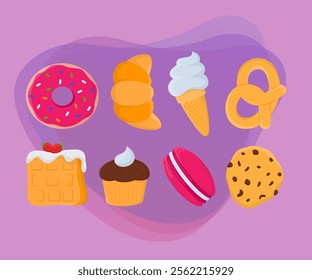 Different baked sweet treats vector illustrations set. Collection of drawings of doughnut, croissant, pretzel, cupcake, cookie on abstract background. Food, desserts, confectionary, bakery concept