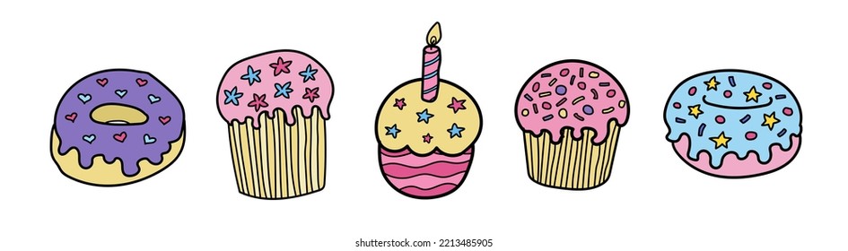 Diferentes postres pasteleros de panadería ponen ilustración vectorial aislada en fondo blanco. Donuts de escarcha glaseados, muffin y quequitos, torta de cumpleaños con una vela. Postres de azúcar dulce estilo doodle.