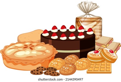 Diferentes ilustraciones de panadería y pastelería