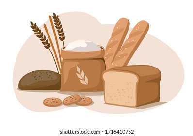 Different bakery products on white background. Vector Illustration