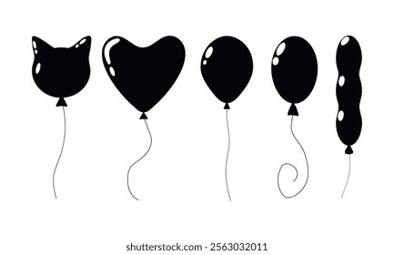 Different balloon shapes including cat, heart, and oval designs in black color