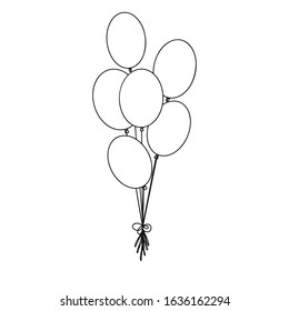 Different balloons. Inflatable balls on a string. Vector illustration in sketch style