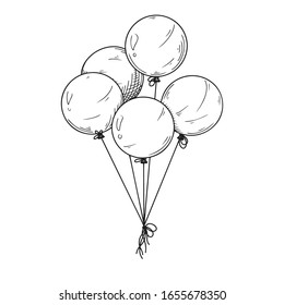 Different balloons. Inflatable balls on a string. Vector illustration in sketch style