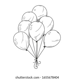 Different balloons. Inflatable balls on a string. Vector illustration in sketch style