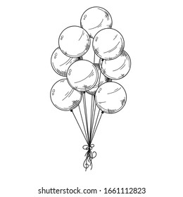 Different balloons. Inflatable balls on a string. Vector illustration in sketch style