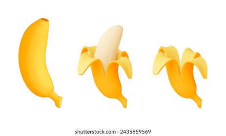 Diferentes bananas 3d iconos. Banana y cáscara, comiendo fruta exótica. Alimento dulce natural tropical aislado, objetos de renderizado vectorial