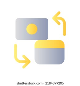 Diferentes cuentas de bancos transfieren el color de gradiente plano ui icono. Convertir efectivo a moneda digital. Pictograma simple relleno. GUI, diseño UX para aplicaciones móviles. Ilustración RGB aislada por vectores
