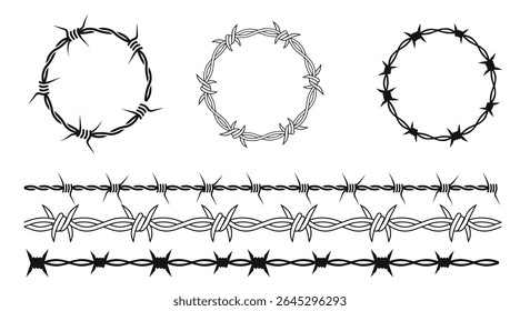 Diferentes formas de arame farpado. inclui linhas torcidas, círculos e quadrados representando defesa.