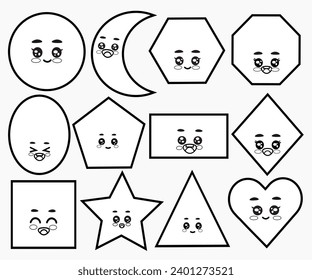 Different basic geometric shapes with cute faces for kids. Including circle, pentagon, diamond, triangle, hexagon, square, rectangle, oval, and more..