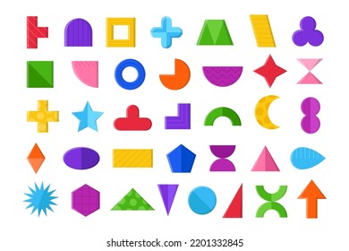 Different basic shapes for children vector illustrations set. Cartoon drawings of figures or forms for preschool kids, circle, cross, square, triangle on white background. Education, geometry concept