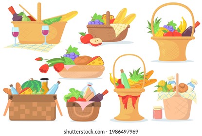 Different baskets for picnic vector illustrations set. Collection of hampers with food, wine, snacks, cheese, flowers, baguettes, sandwiches, fruit isolated on white background. Summer, picnic concept