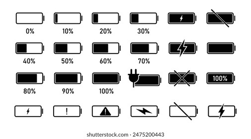 Different battery capacity charge icon set. battery vector icon set in black color. Battery charge level indicator. mobile battery vector icon.