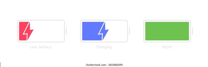 Different Battery charge level. Discharged, charging and fully charged battery smartphone. Set of battery charge level indicators. Vector Illustration.