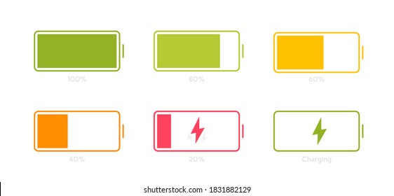 Different Battery charge level. Set of battery charge level indicators. Wireless charging energy sign. Vector Illustration.