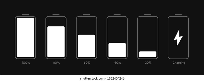 Diferente nivel de carga de la batería. Conjunto de indicadores de nivel de carga de la batería. Signo de energía de carga inalámbrica. Ilustración vectorial.