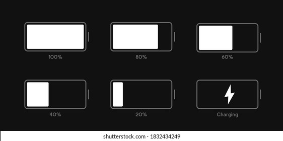 Different Battery charge level. Set of battery charge level indicators. Wireless charging energy sign. Vector Illustration.
