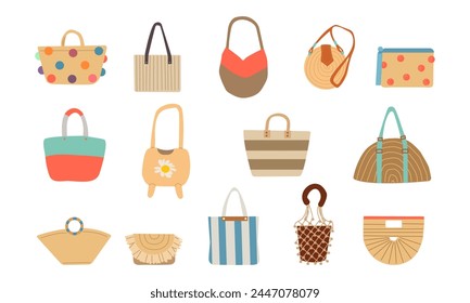 Different beach bags for women vector illustrations set. Collection of cartoon drawings with woven bags for vacation or holiday isolated on white background. Fashion, accessories, summer concept