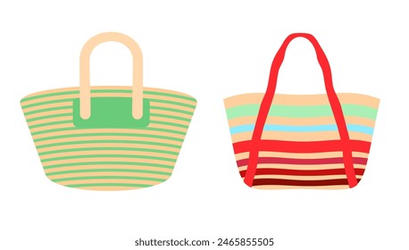 Different beach bags for women vector illustrations. Striped beach bag.  Collection of cartoon drawings with woven bags for vacation or holiday isolated on white background. 