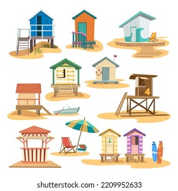 Different beach houses vector illustrations set  Collection drawings beach huts and door   window  life buoy  boat and paddles white background  Summer  traveling  holidays concept