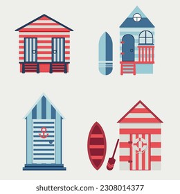 Different beach houses vector illustrations set. Collection of drawings of beach huts with door and window, life buoy, boat with paddles on white background. Summer, traveling, holidays concept