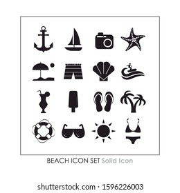 Different beach vacation icons. Solid beach icons. Editable vector.