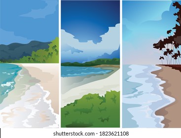 Different beachside pictures. To decorate the general design. landscape, seashore,  seaside, coast, Beach side, Sandy beach.