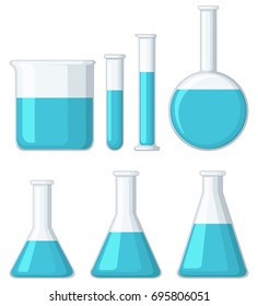 Different beakers filled with blue liquid illustration