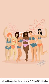 Different beautiful 
body positive multirace women illustration. Feminism community banner. Different bra models.