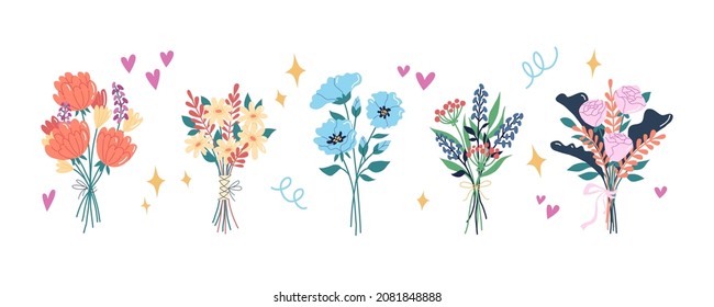 Different beautiful bouquets. Garden Collection of cute various blooming plants. Isolated stems, leaves. svg