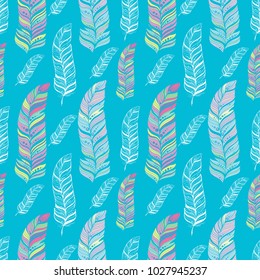 Different beautiful feathers are painted with delicate flowers on light blue background. Seamless pattern.
