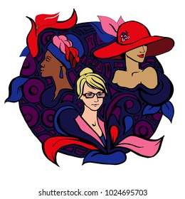 Different and beautiful girls in a circle. Vector illustration. Colour