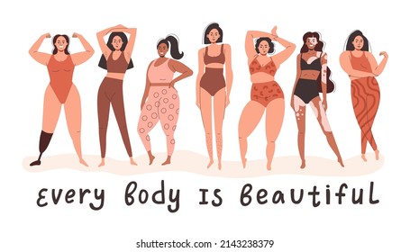 Different beautiful girls stand in different poses. Every body is beautiful. Women of different weight, height and skin color. Flat vector illustration
