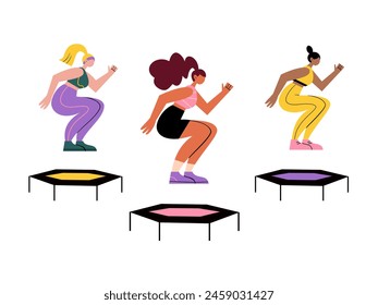 Diferentes chicas hermosas de entrenamiento en la forma de saltar. Ilustración deportiva de Vector.