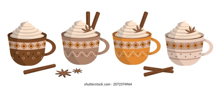 Different Beautiful Mugs of Cinnamon and Vanilla Flavored Coffee. Decorative Mugs with Abstract Decorations Set. Isolated on white background.