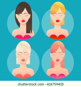 Different Beautiful portrait women with colorful hair. Set of round icons with women. Vector design illustrations.